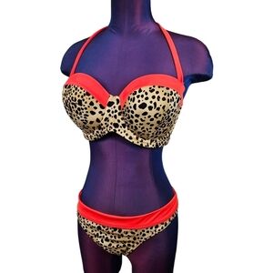 Victoria's Secret 2 Piece Bikini Cheetah Print Orange Colorblock Size 38D A109